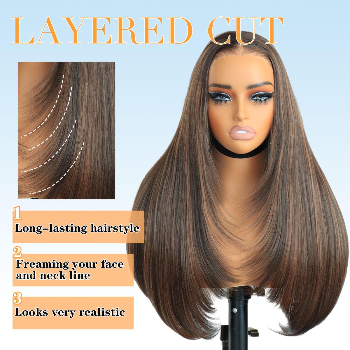 Synthetic layered cut 9x7 Lace Front 8/30 Dark Brown Wig Glueless Wear And Go Wig Premium Fiber