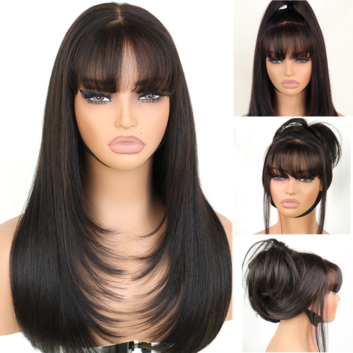 Wear and Go Human Hair Blend Fiber Glueless 6x4 Lace Front Wig - Straight Layered with Bangs