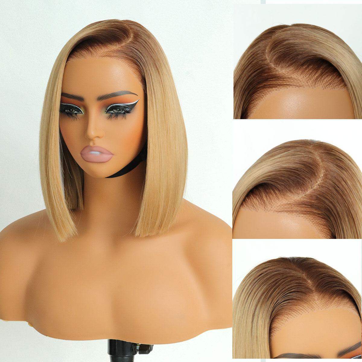 9x7 Glueless Synthetic Honey Blonde Bob Wig Wear and Go Bone Straight Wigs Double Drawn