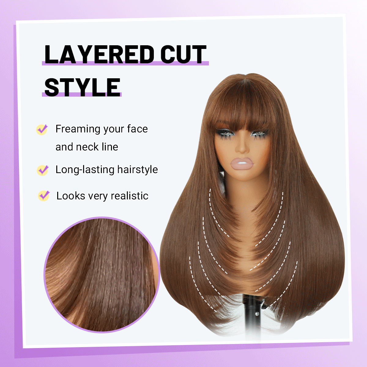 Human Hair Blend Fiber Wig light Brown Glueless Straight Layered Wigs with Bangs Wear and Go 6x4 Lace Front Wig