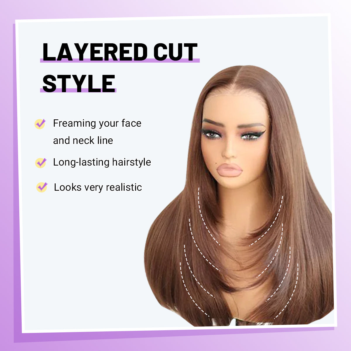 Glueless Synthetic layered cut 9x7 Lace Front Wig Chocolate Brown Wear And Go Premium Human-Hair-Like Fiber