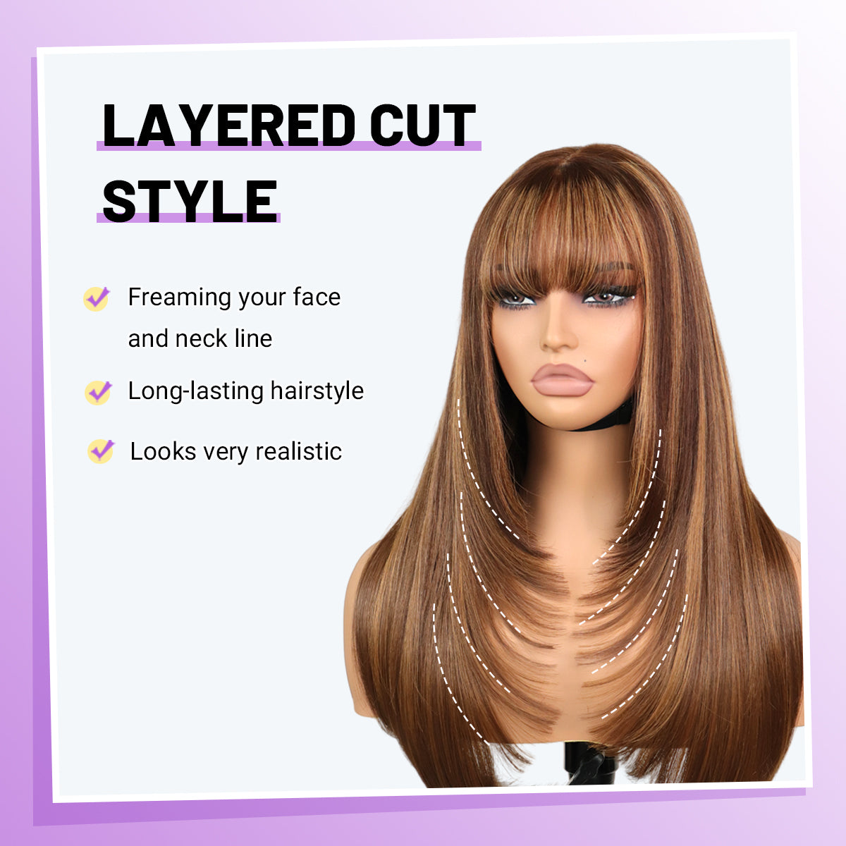 Human Hair Blend Wig Glueless Straight Layered Highlight Wigs with Bangs Wear&Go 6x4 Lace Front Wig