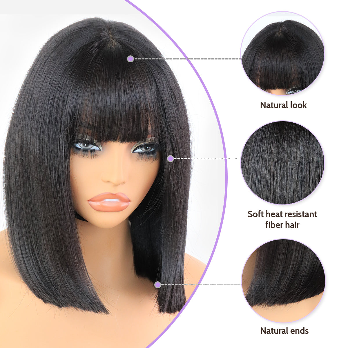 Glueless 5x4 Lace Front Synthetic Yaki Straight Bob Wig with Bangs Wear and Go short Blunt Cut Bob Wig