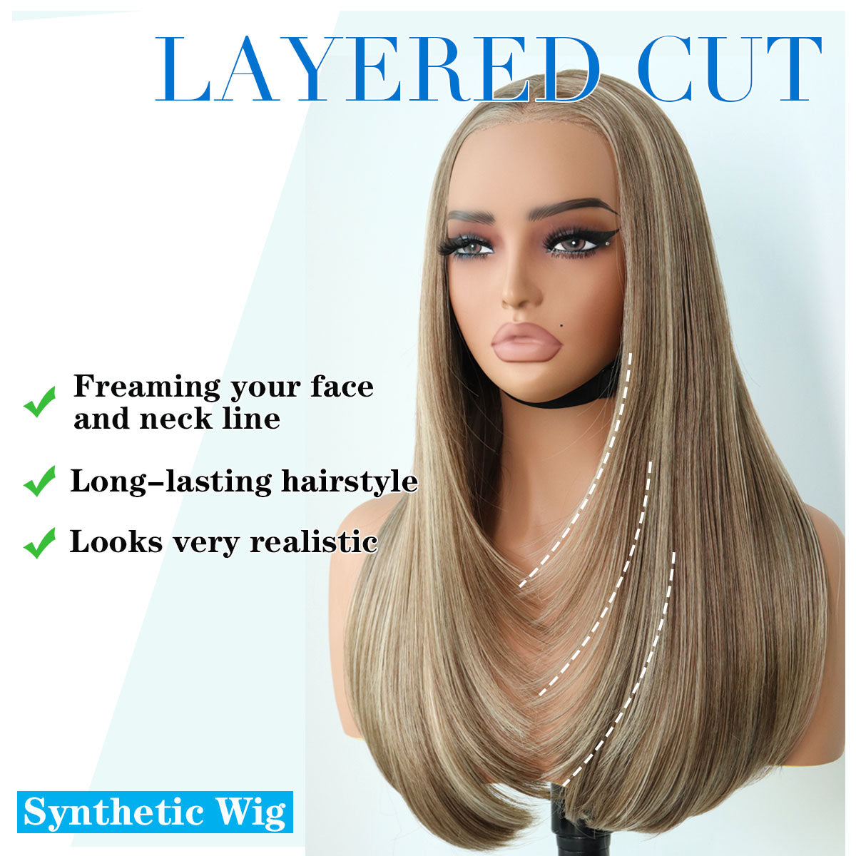 Glueless Synthetic layered cut 9x7 Brown&Blonde Highlight Lace Front Wig Premium Human-Hair-Like Fiber