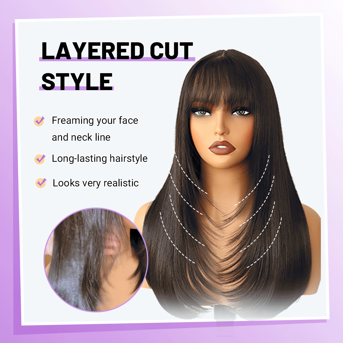 Wear and Go Human Hair Blend Fiber Glueless 6x4 Lace Front Wig - Straight Layered with Bangs