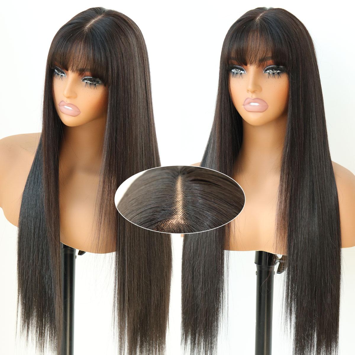 Glueless Wear and Go Straight 6x4 Lace Front Wigs with Bangs Pre Style Realistic Look with True Scalp