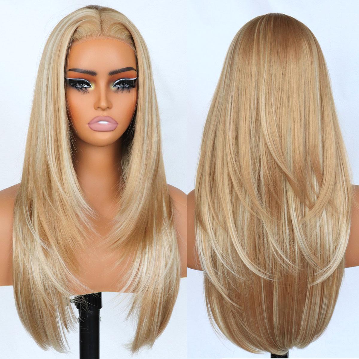Mix Blonde Synthetic layered cut Lace Front Glueless Wig Wear And Go Pre Plucked Pre Cut Straight Wig Tiny Knots Premium Fiber