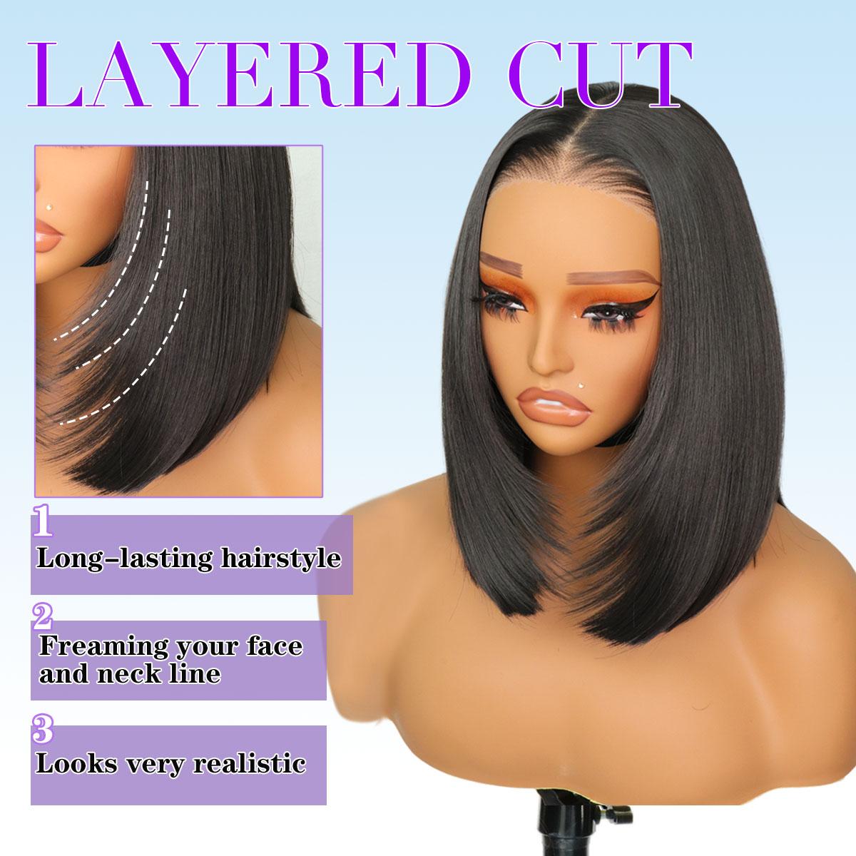 Synthetic Wear&Go 9x7 Glueless Short Bob Straight Layered Cut Lace Front Straight Wig Premium Human-Hair-Like Fiber