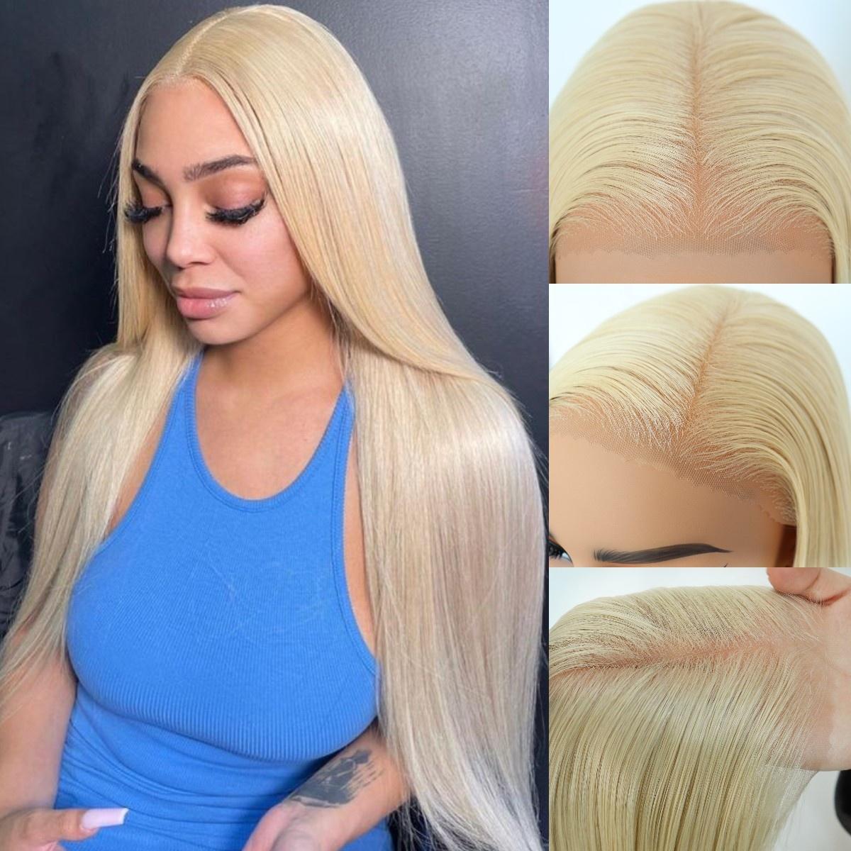 Blonde Wig 9x7 Glueless Synthetic Lace Front Wig,Wear And Go Pre Plucked Pre Cut Straight Wig Premium Human-Hair-Like Fiber