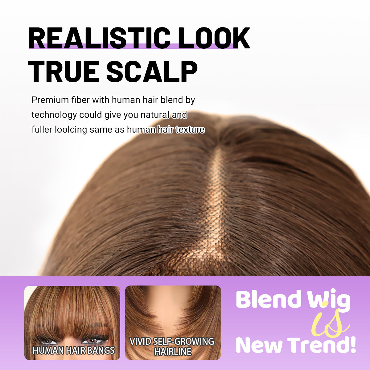 Human Hair Blend Fiber Wig light Brown Glueless Straight Layered Wigs with Bangs Wear and Go 6x4 Lace Front Wig