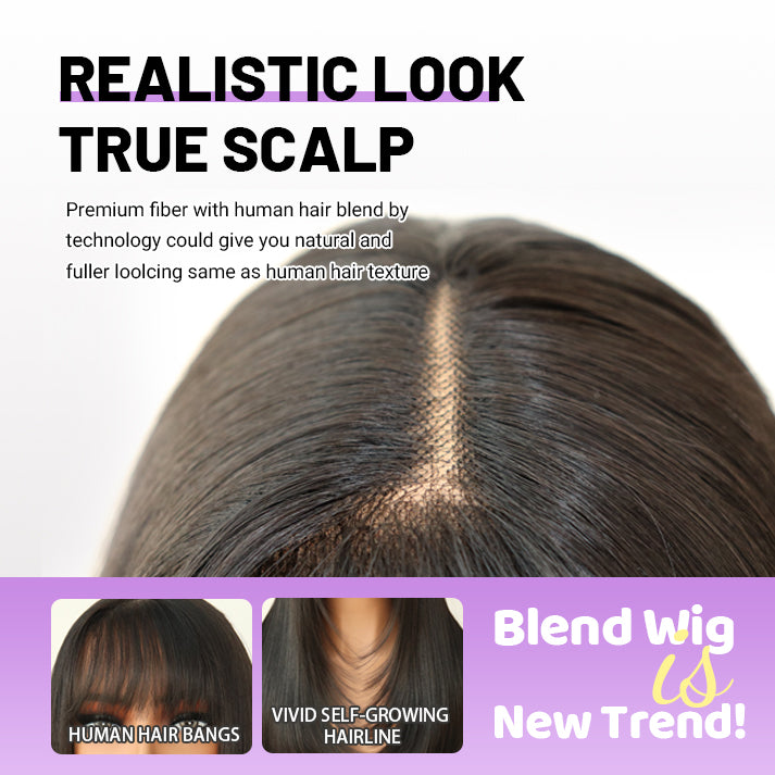 Wear and Go Human Hair Blend Fiber Glueless 6x4 Lace Front Wig - Straight Layered with Bangs