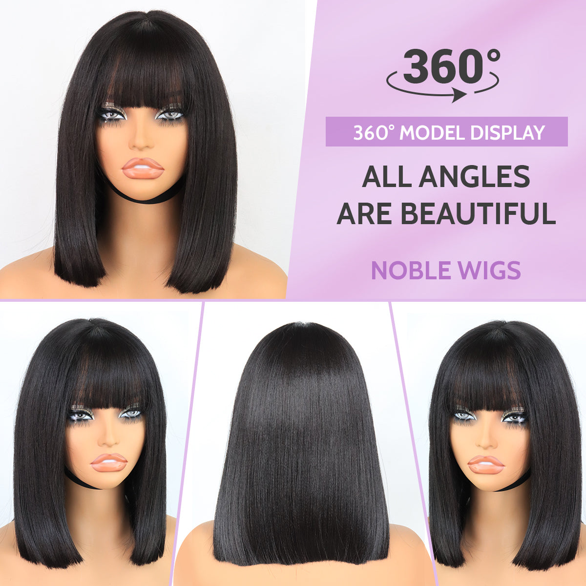 Glueless 5x4 Lace Front Synthetic Yaki Straight Bob Wig with Bangs Wear and Go short Blunt Cut Bob Wig