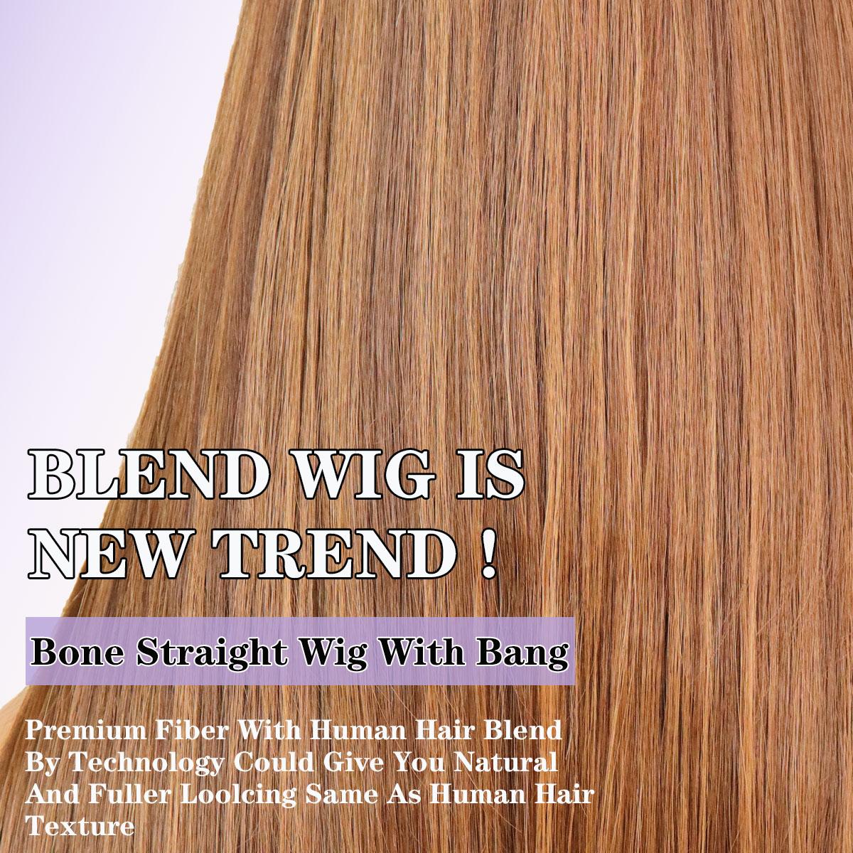 Human Hair Blend Fiber Glueless Wear and Go Straight Wigs with Bangs 6x4 Lace Front Wig