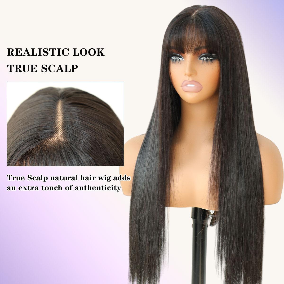 Glueless Wear and Go Straight 6x4 Lace Front Wigs with Bangs Pre Style Realistic Look with True Scalp
