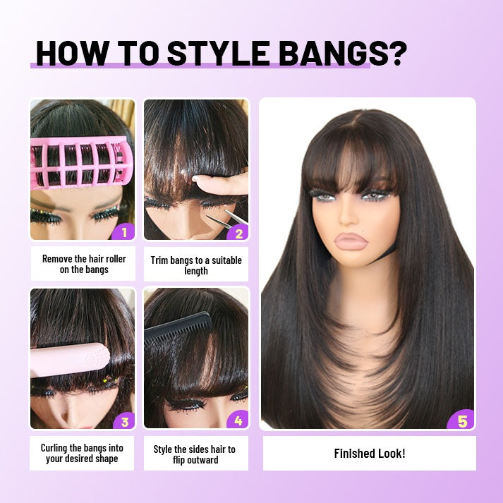 Wear and Go Human Hair Blend Fiber Glueless 6x4 Lace Front Wig - Straight Layered with Bangs