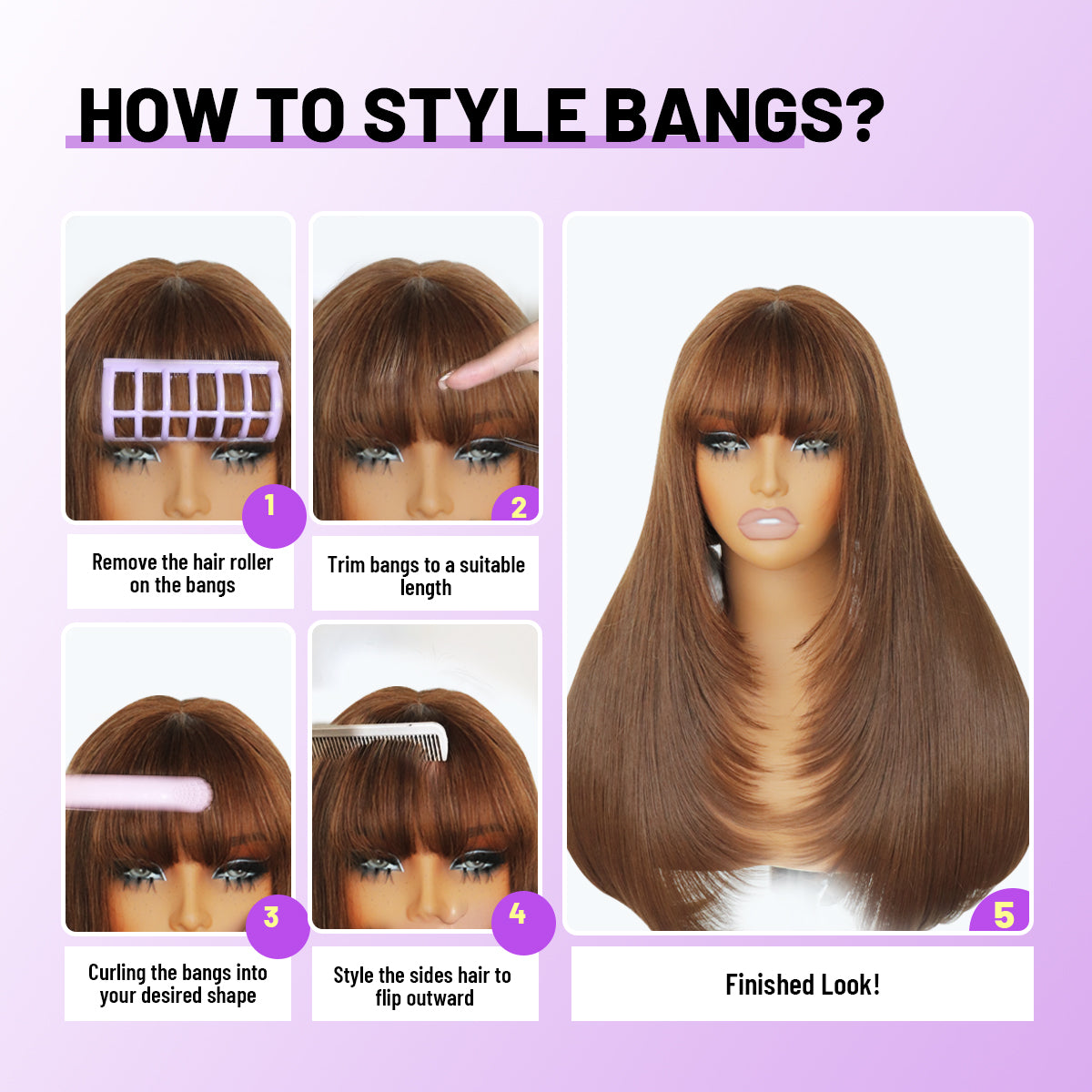 Human Hair Blend Fiber Wig light Brown Glueless Straight Layered Wigs with Bangs Wear and Go 6x4 Lace Front Wig