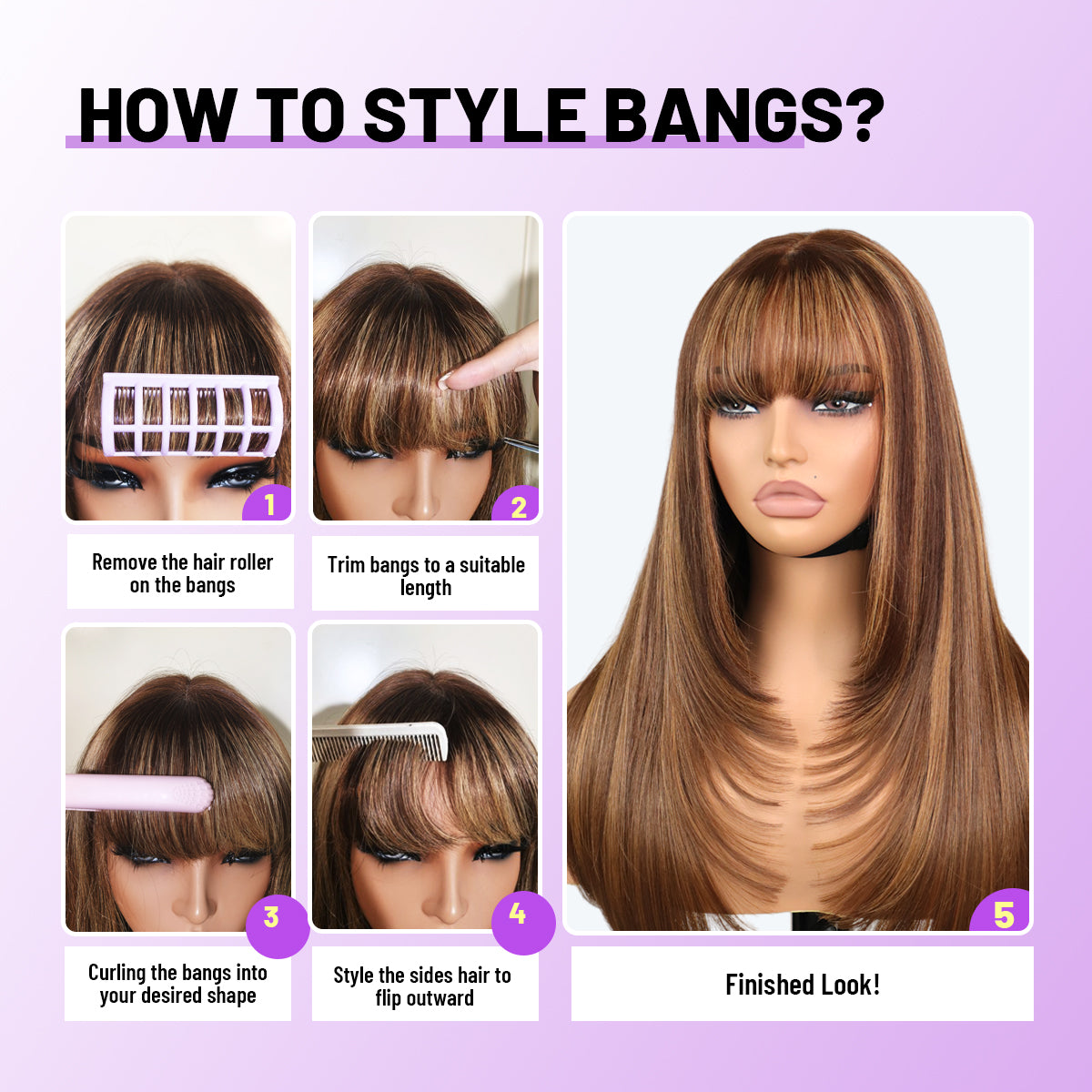 Human Hair Blend Wig Glueless Straight Layered Highlight Wigs with Bangs Wear&Go 6x4 Lace Front Wig