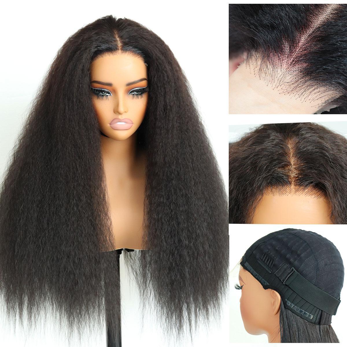 Glueless Human Hair Blend Fiber Kinky Straight 6*4 Real HD Lace Front Wig Wear and Go Wig