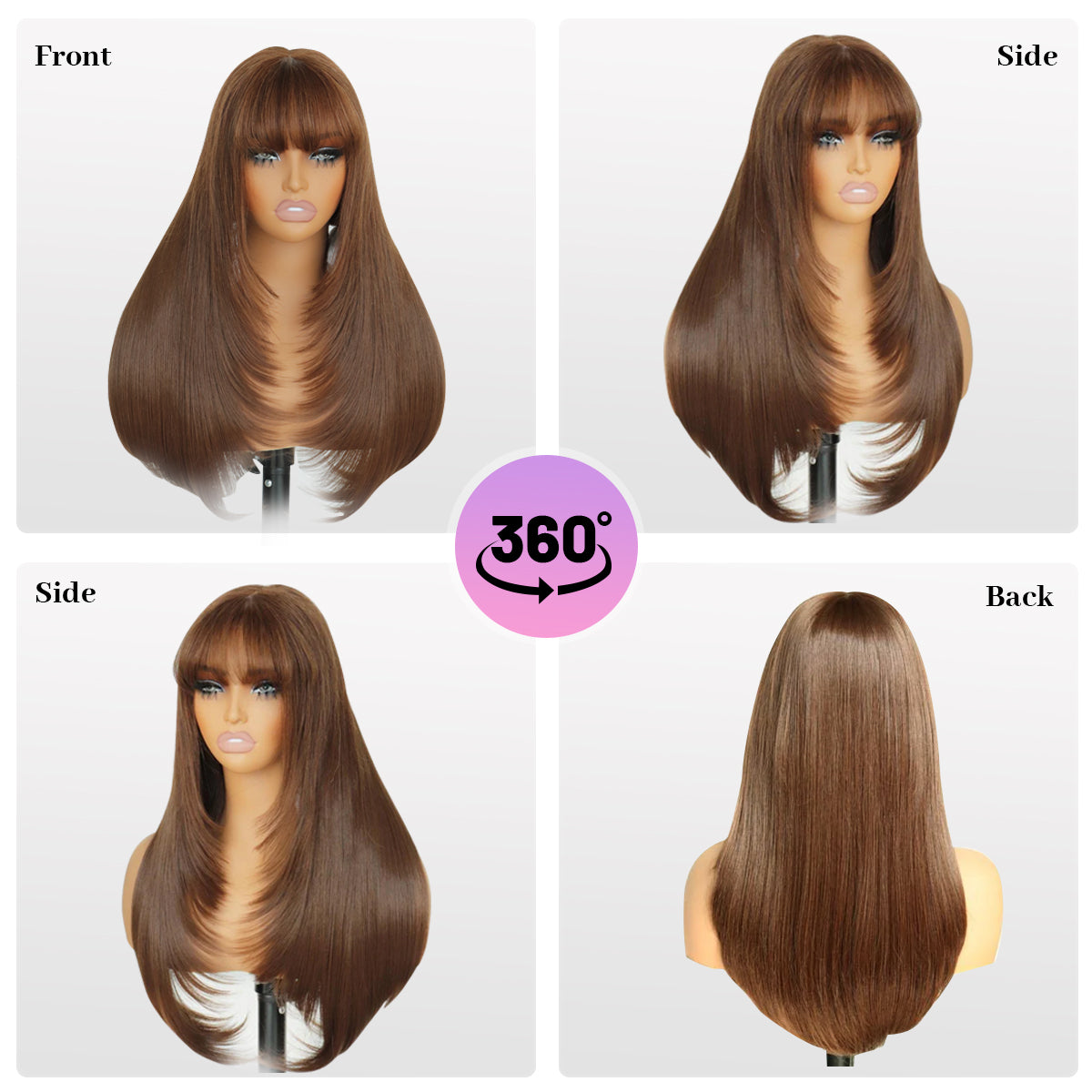 Human Hair Blend Fiber Wig light Brown Glueless Straight Layered Wigs with Bangs Wear and Go 6x4 Lace Front Wig