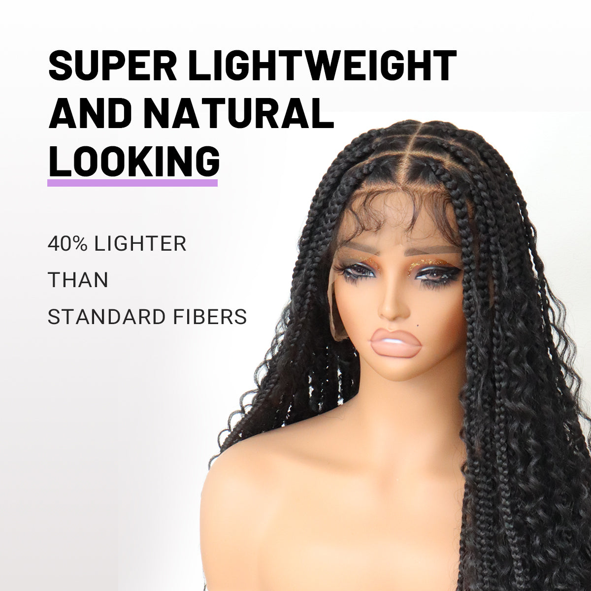 Boho Braided Wig 36Inch Full Lace Premium Synthetic Knotless Box Braid Wig with Baby Hair Bohemian Curly Ends