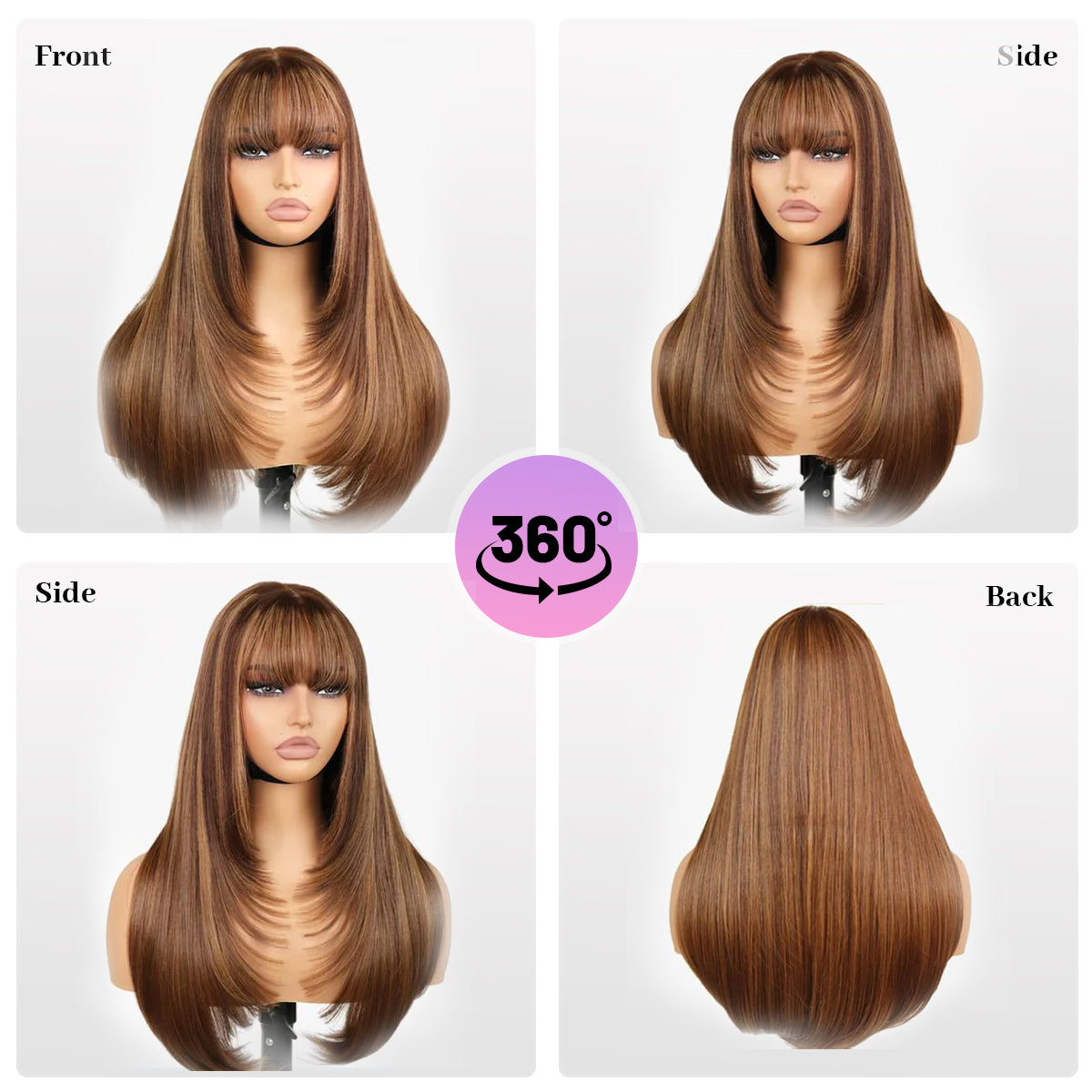 Human Hair Blend Wig Glueless Straight Layered Highlight Wigs with Bangs Wear&Go 6x4 Lace Front Wig