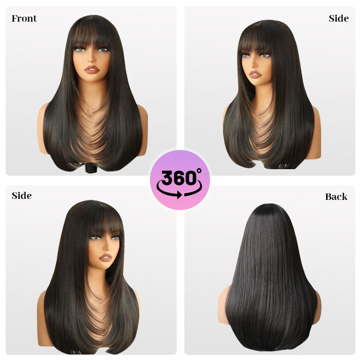 Wear and Go Human Hair Blend Fiber Glueless 6x4 Lace Front Wig - Straight Layered with Bangs