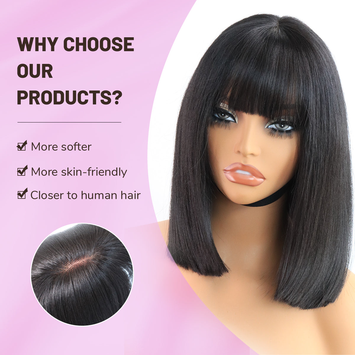 Glueless 5x4 Lace Front Synthetic Yaki Straight Bob Wig with Bangs Wear and Go short Blunt Cut Bob Wig