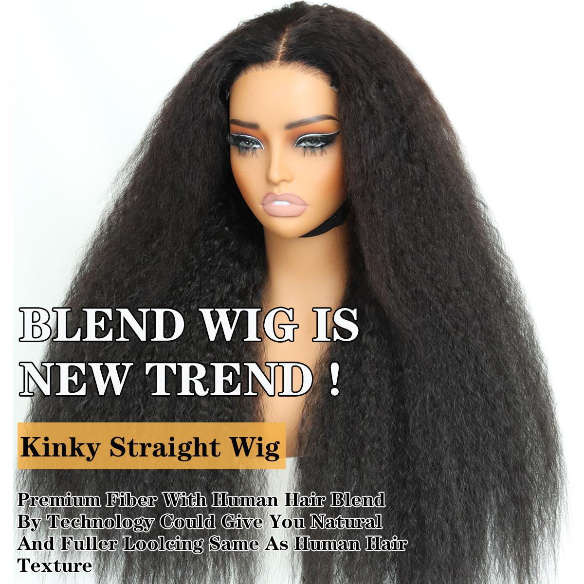 Glueless Human Hair Blend Fiber Kinky Straight 6*4 Real HD Lace Front Wig Wear and Go Wig