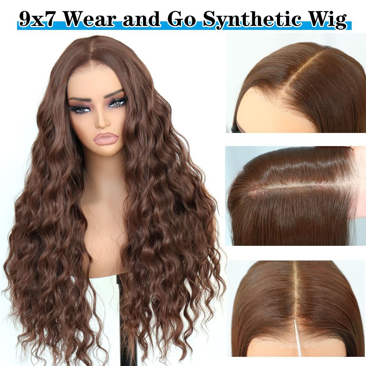 Glueless Synthetic Water Wave 9X7 Lace Front Wig Wear And Go Premium Human-Hair-Like Fiber