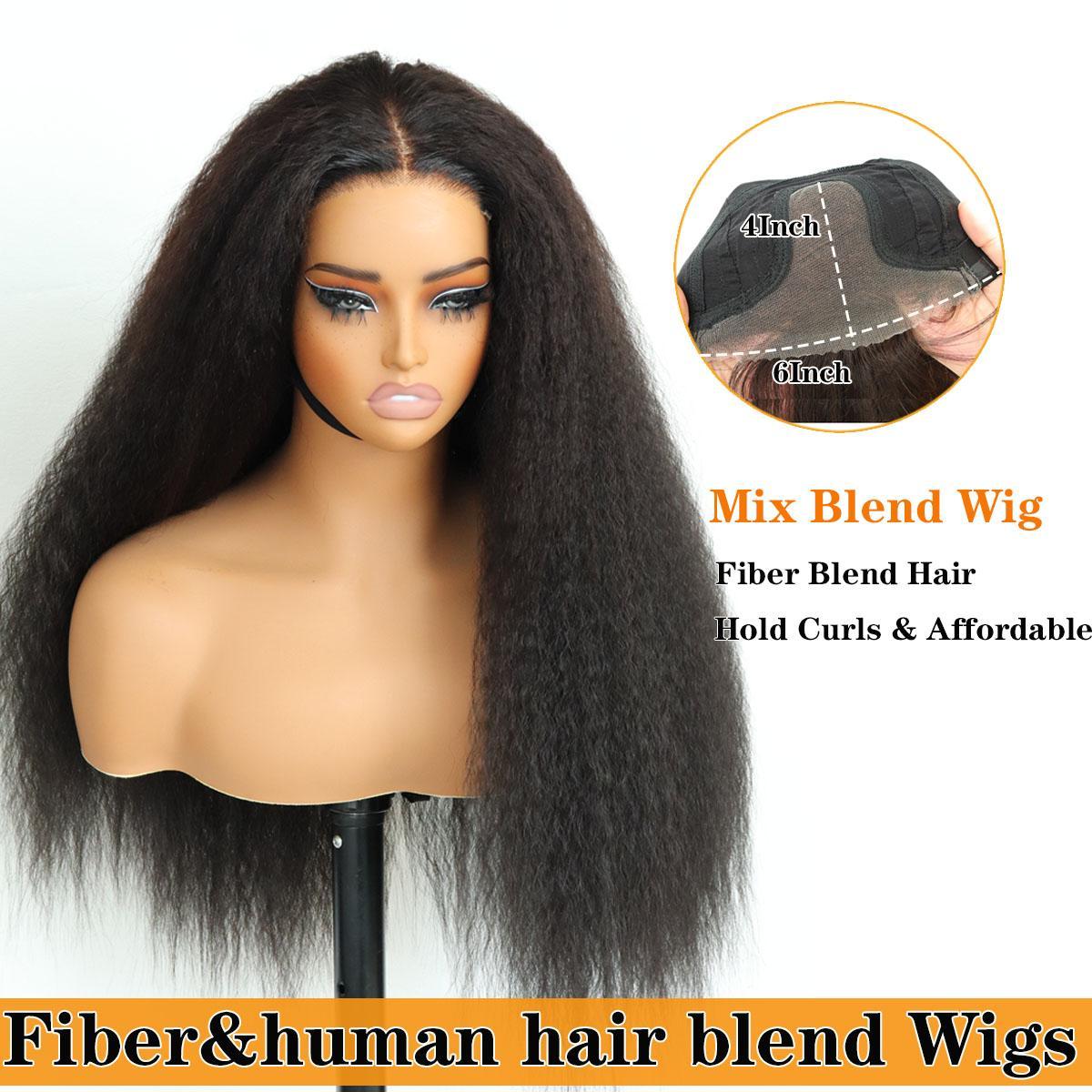 Glueless Human Hair Blend Fiber Kinky Straight 6*4 Real HD Lace Front Wig Wear and Go Wig