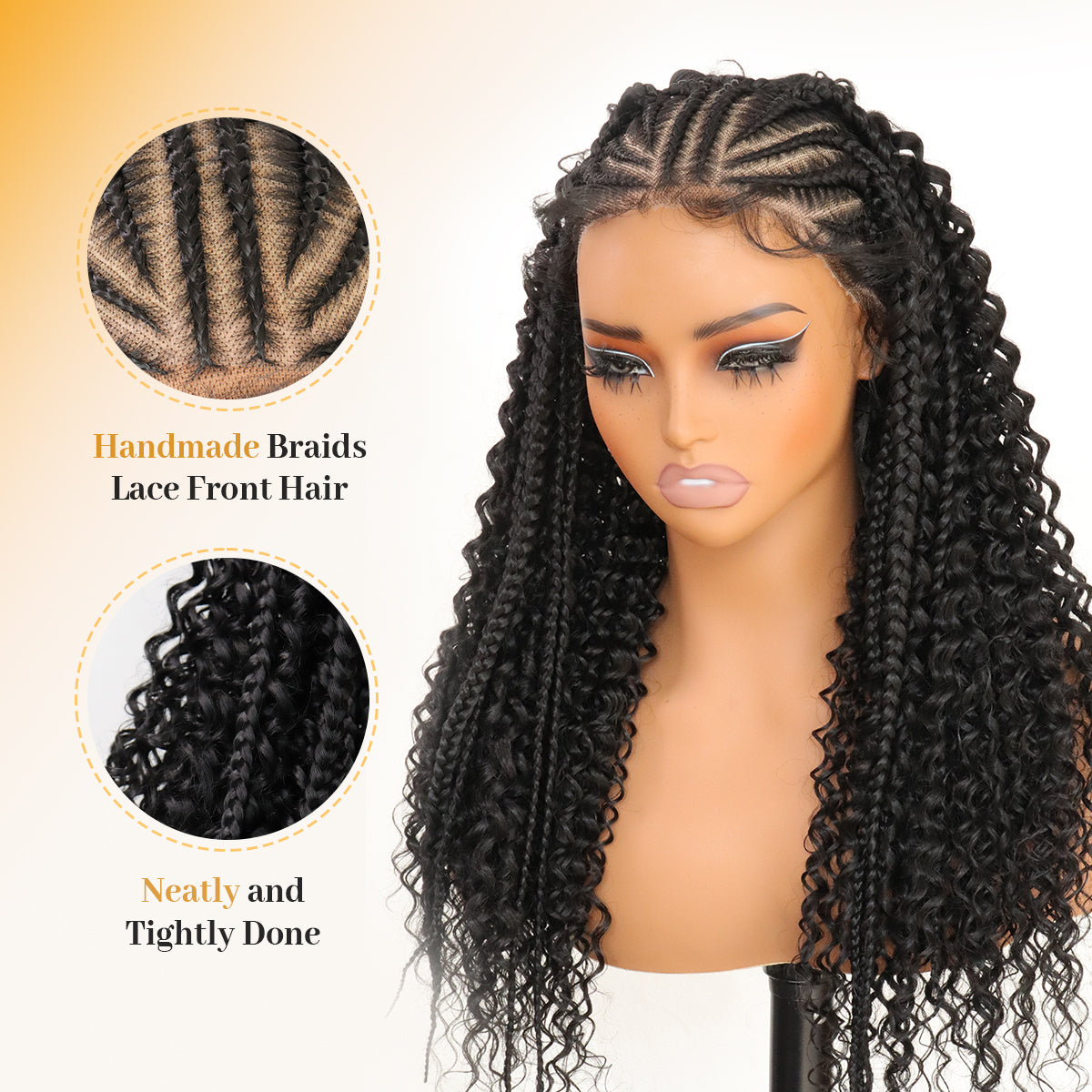 13X6 HD Lace Frontal Half Braided Curly Wigs Synthetic Half-Cornrows Half-Curly Wig with Baby Hair Pre Styled Braid Wigs,18Inch
