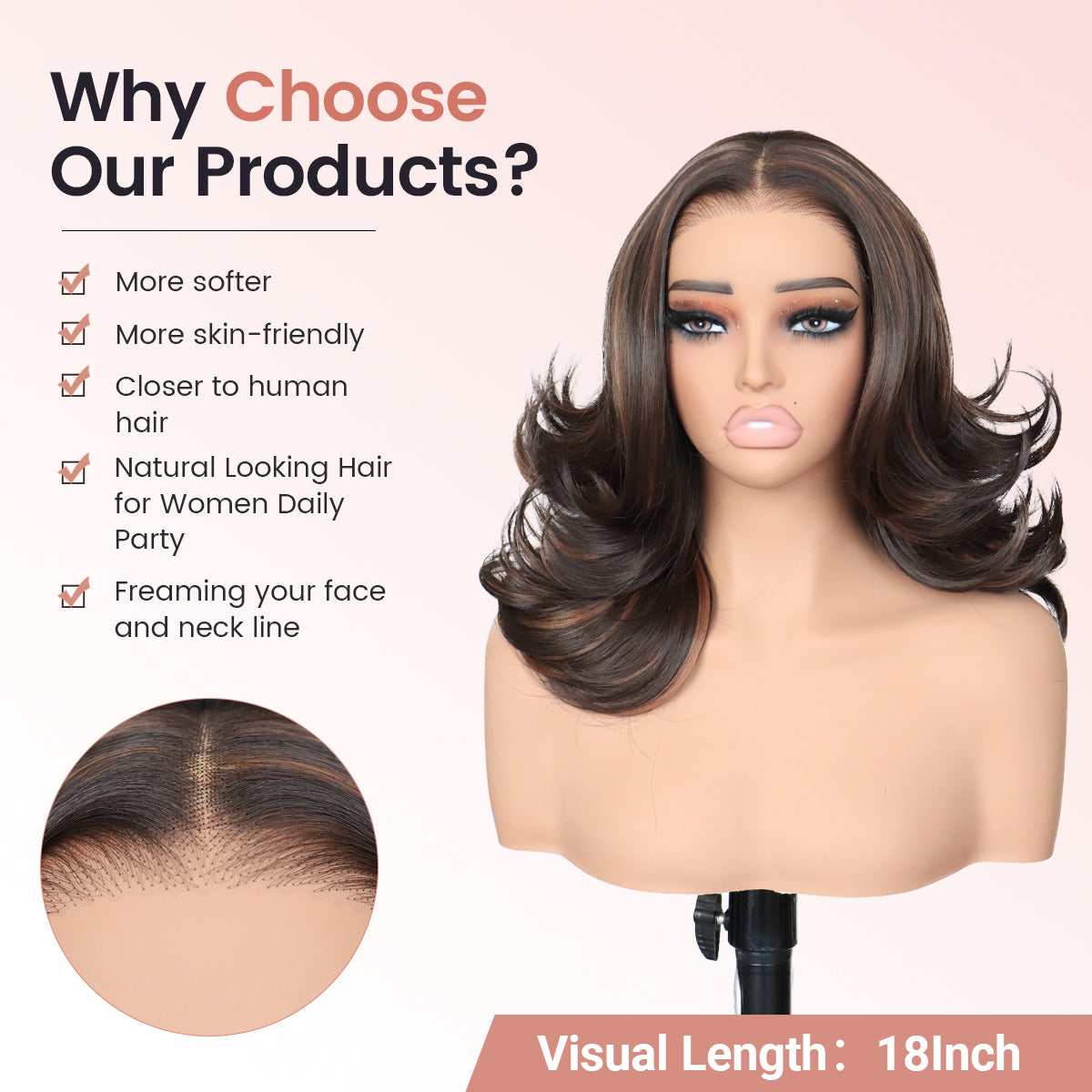 U&A Hair Wavy Layered Wig Blowout Style C- Part ,260% Density 9x7 Lace Front Synthetic Wear and Go Pre Cut Pre Plucked Glueless Wigs 18Inch Natural Looking Hair for Women Daily Party Use Beginner friendly