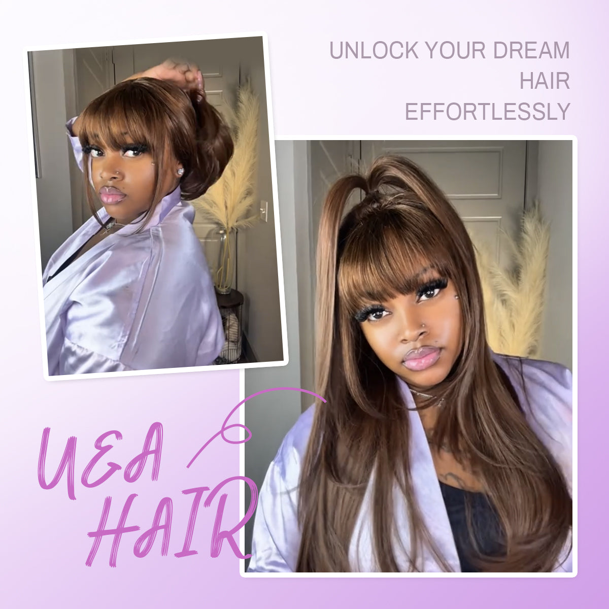 Human Hair Blend Fiber Wig light Brown Glueless Straight Layered Wigs with Bangs Wear and Go 6x4 Lace Front Wig