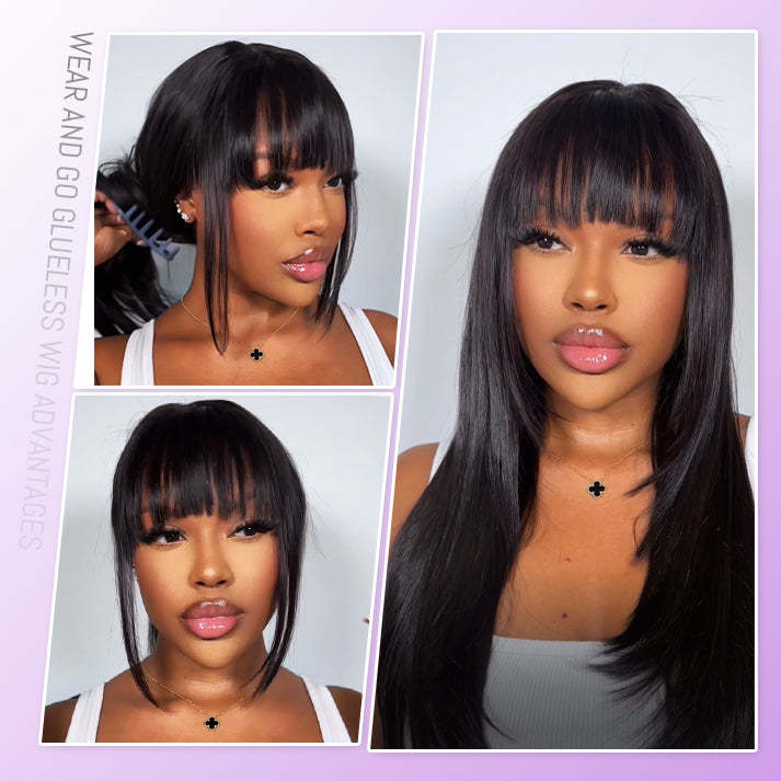 Wear and Go Human Hair Blend Fiber Glueless 6x4 Lace Front Wig - Straight Layered with Bangs