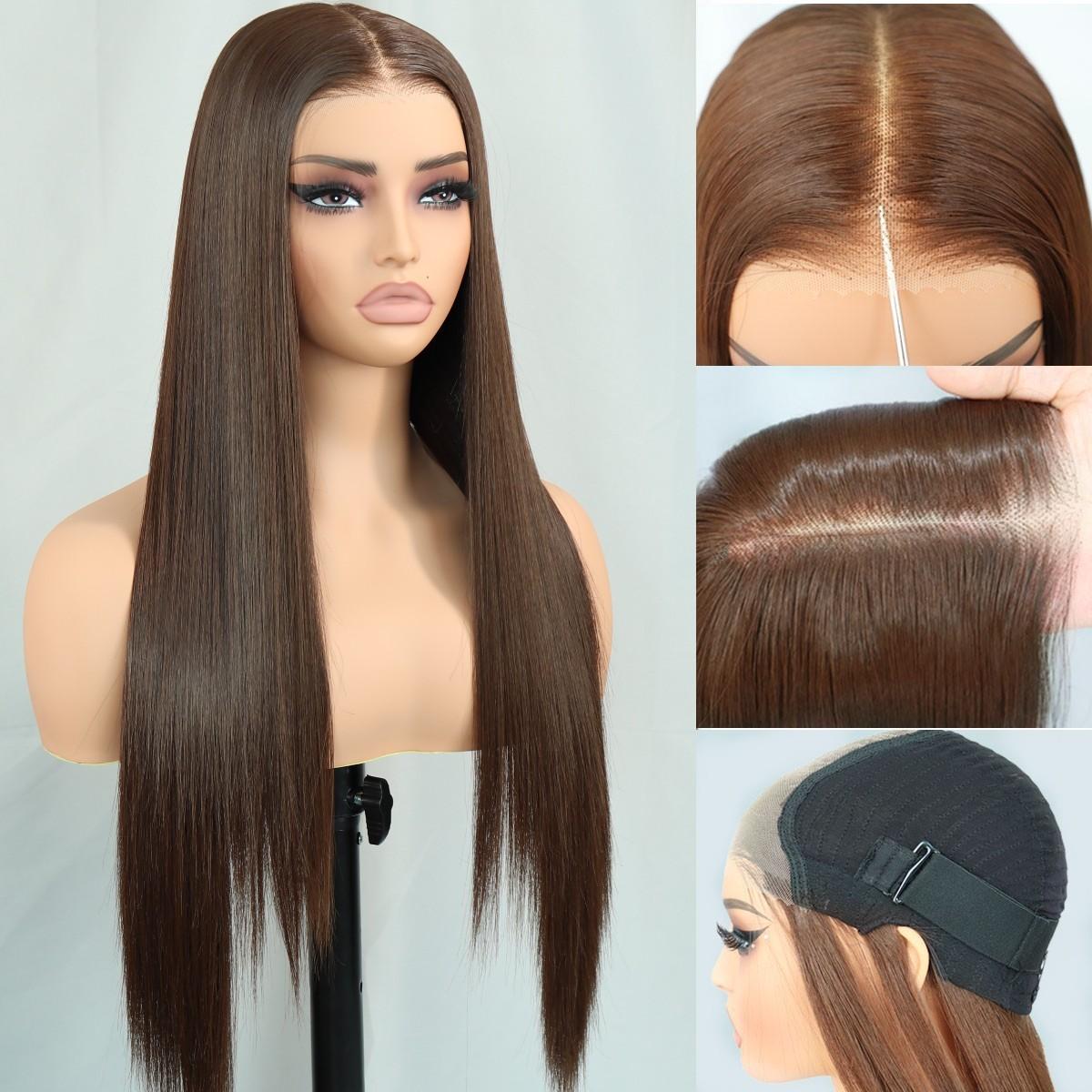 Chocolate Brown Glueless Synthetic Wear and Go 9x7 Lace Front Wig Premium Human-Hair-Like Fiber