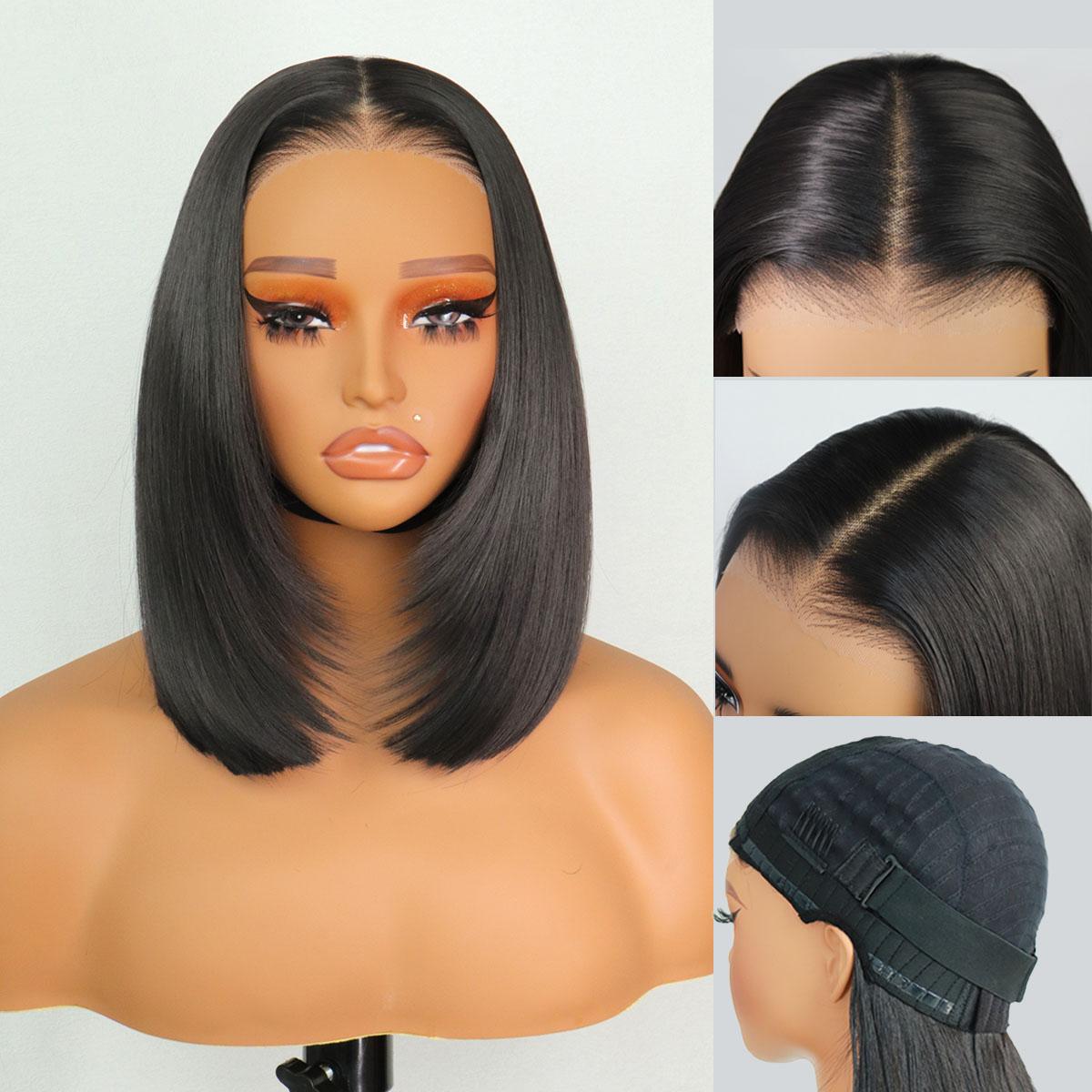 Synthetic Wear&Go 9x7 Glueless Short Bob Straight Layered Cut Lace Front Straight Wig Premium Human-Hair-Like Fiber