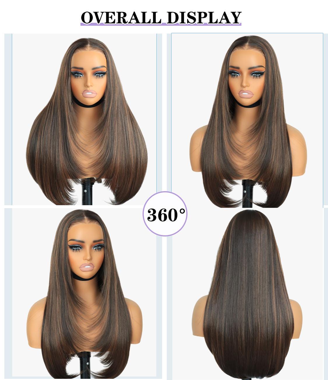Synthetic layered cut 9x7 Lace Front 8/30 Dark Brown Wig Glueless Wear And Go Wig Premium Fiber