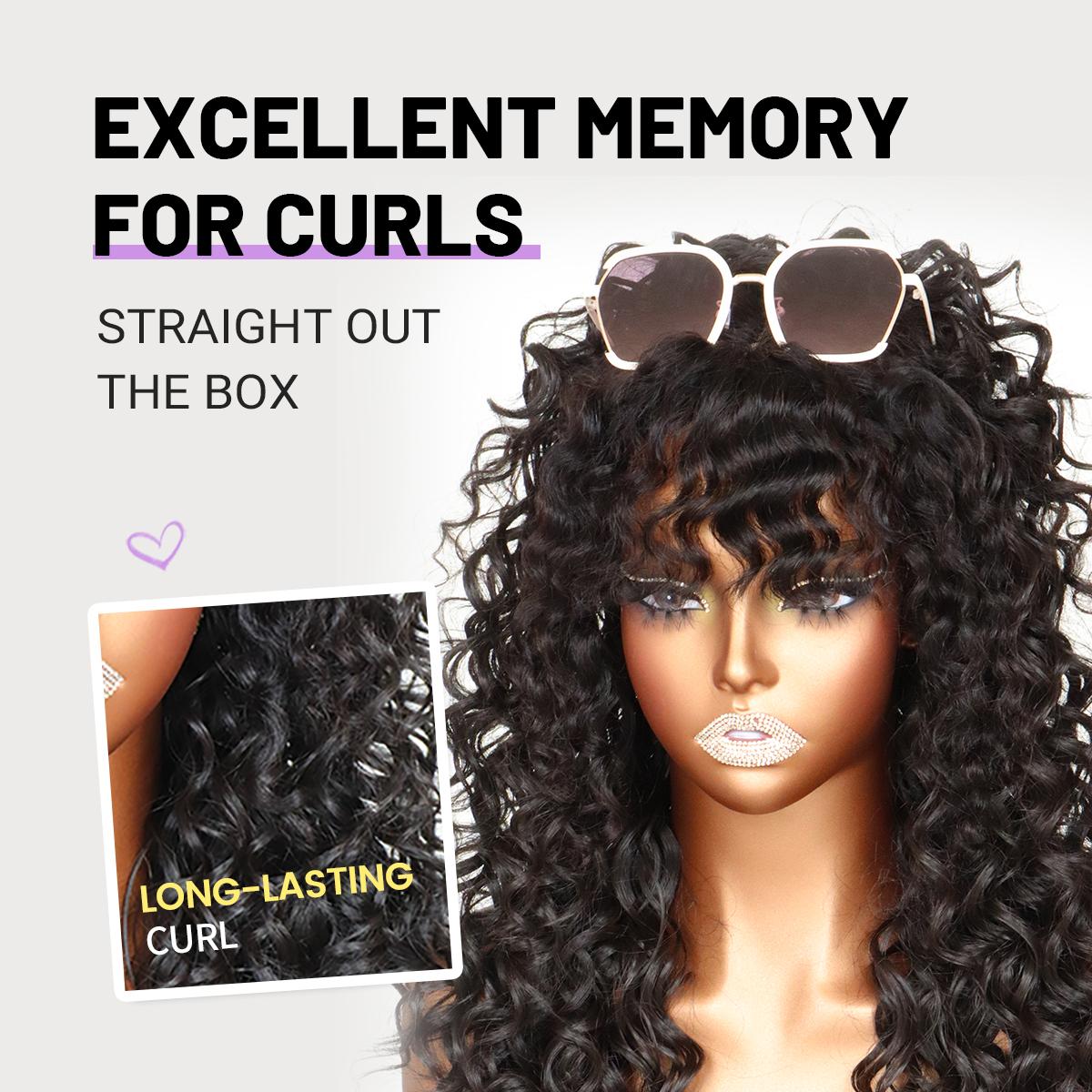 Blend Human Hair Curly Wig with Bangs 6x4 Glueless Lace Front Wig Wear and Go Realistic Look with True Scalp 220% density