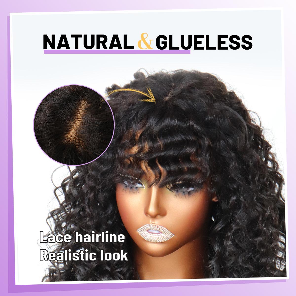 Blend Human Hair Curly Wig with Bangs 6x4 Glueless Lace Front Wig Wear and Go Realistic Look with True Scalp 220% density