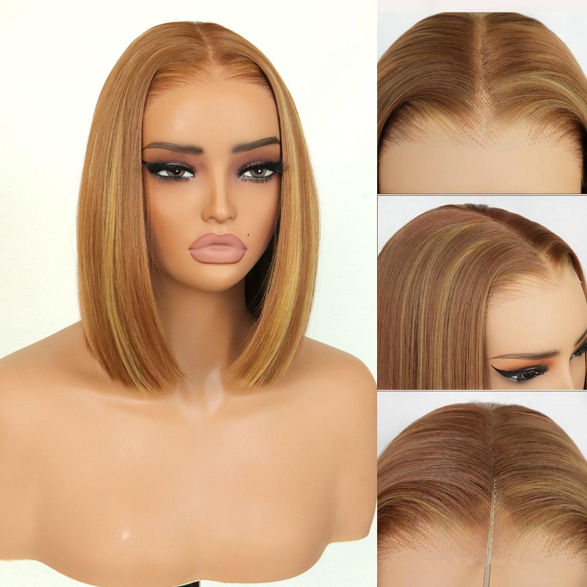 Wear and Go Glueless 9x7 Lace Front Omber Highlight Bob Wig Synthetic Straight Wigs Double Drawn