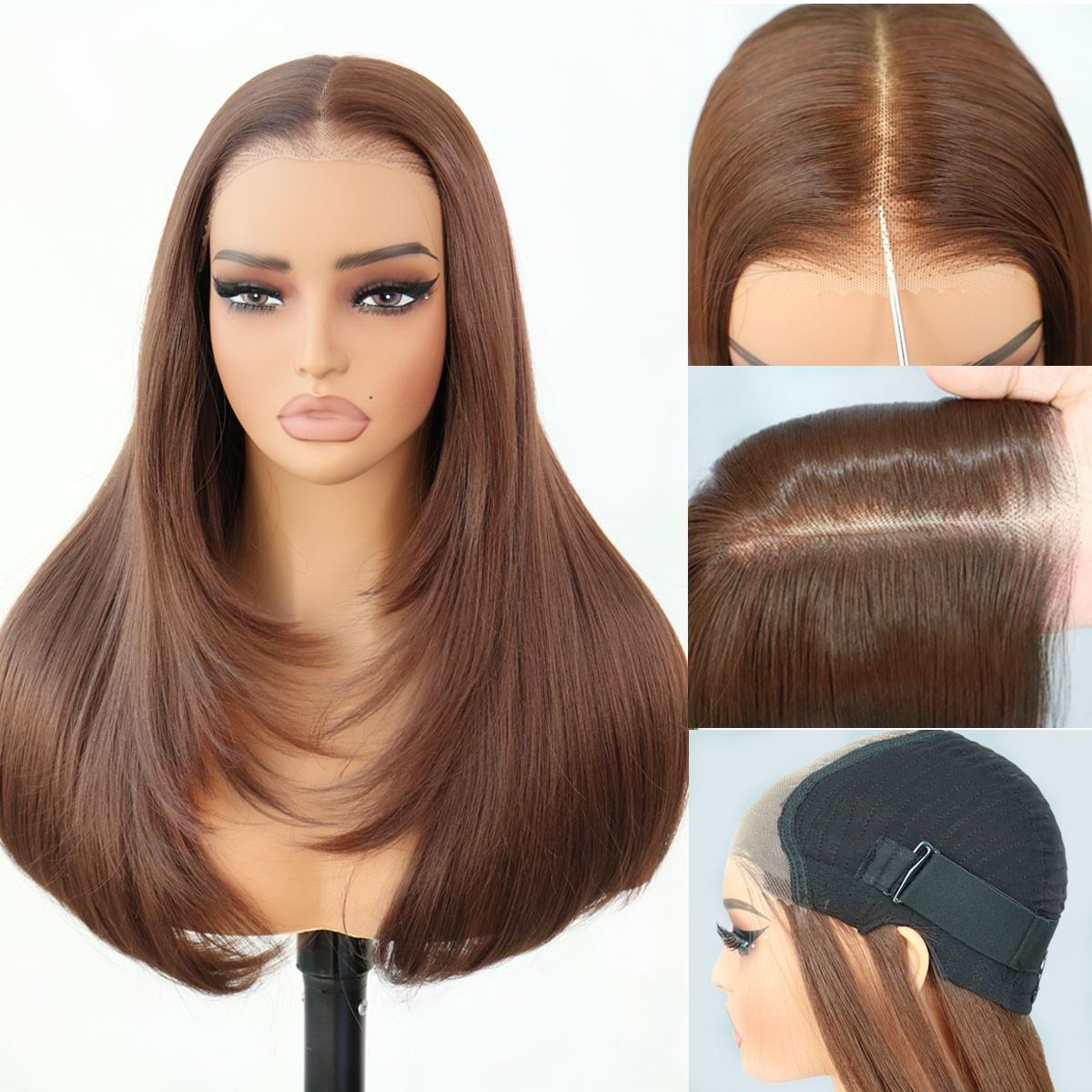 Glueless Synthetic layered cut 9x7 Lace Front Wig Chocolate Brown Wear And Go Premium Human-Hair-Like Fiber