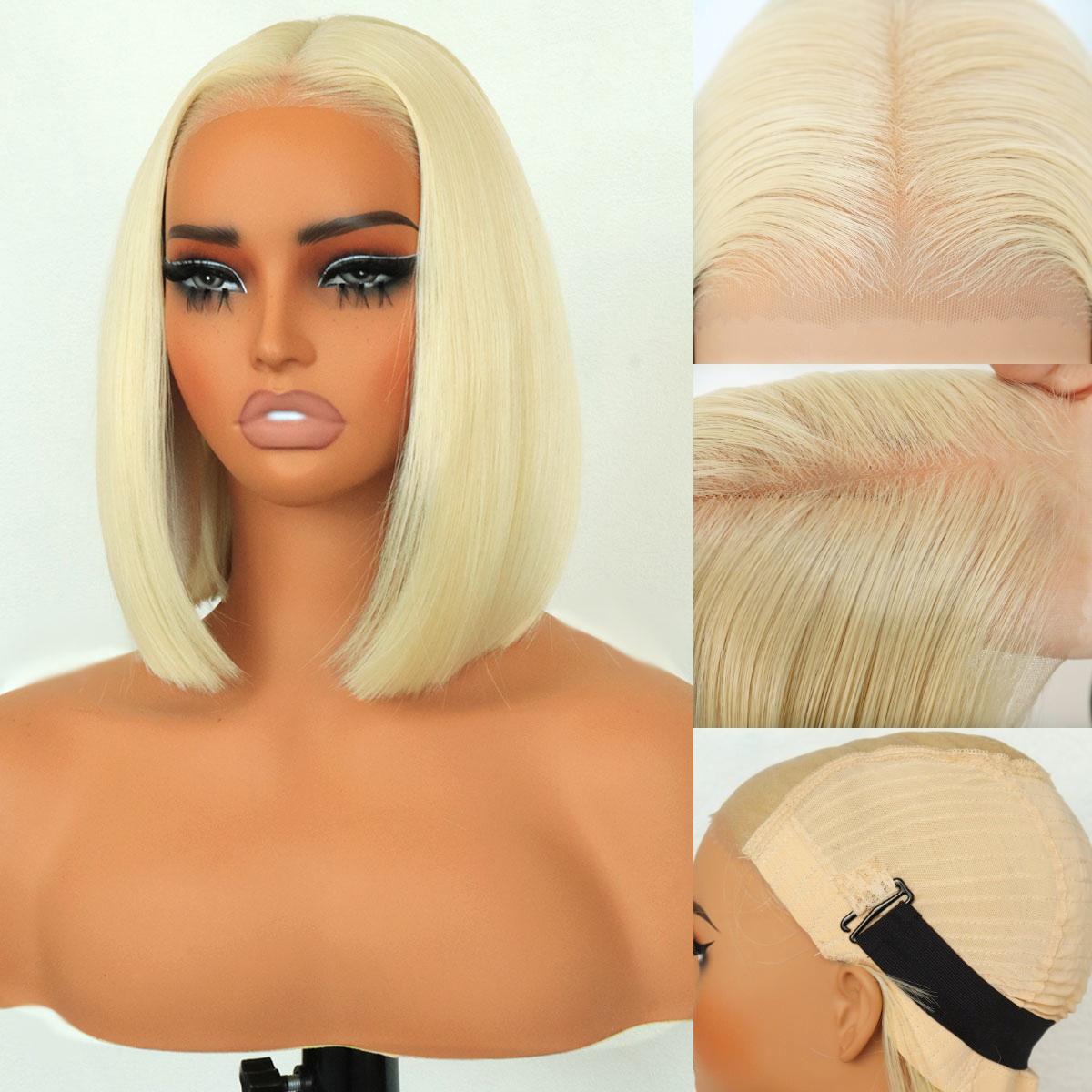 Wear and Go Glueless 9x7 Blonde Lace Front Synthetic Bone Straight Wigs Double Drawn Bob Wig
