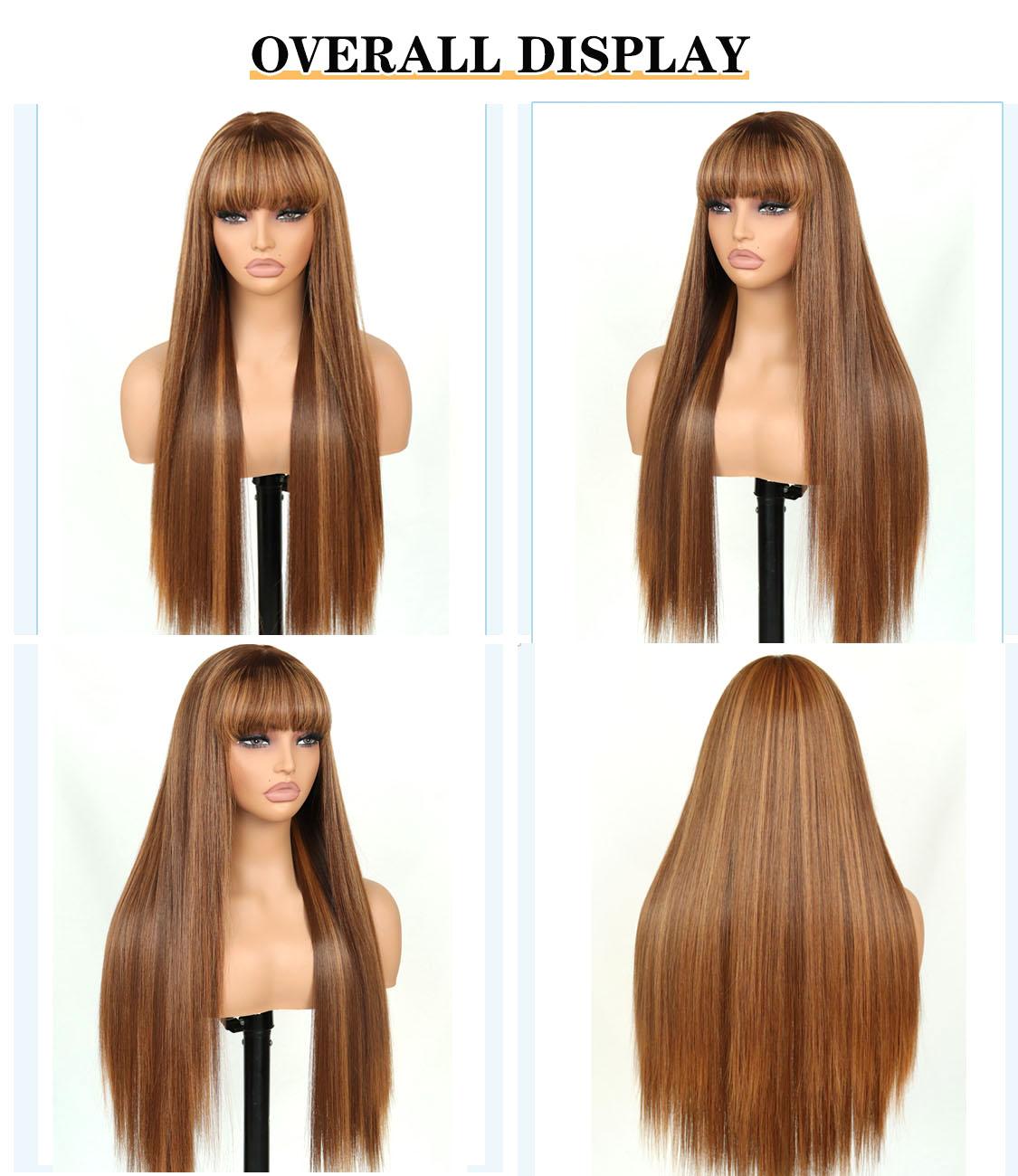 Human Hair Blend Fiber Glueless Wear and Go Straight Wigs with Bangs 6x4 Lace Front Wig