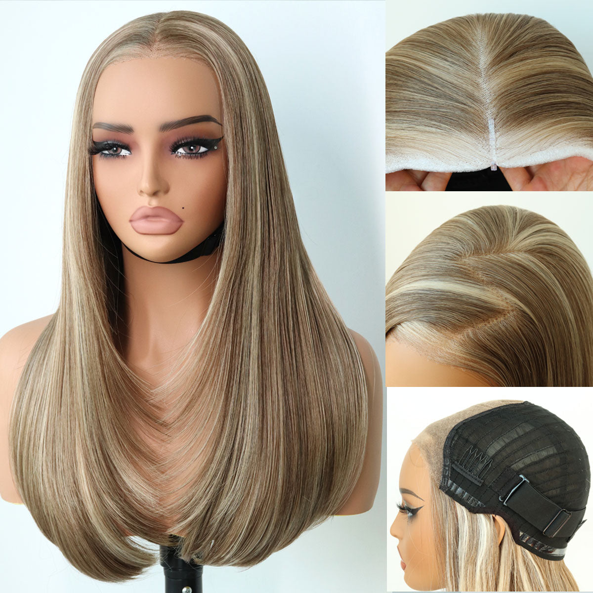 Ua Hair Glueless Synthetic layered cut 9x7 Brown&Blonde Highlight Lace Front Wig Wear And Go Pre Plucked Pre Cut Straight Wig Vivid Self Growing Clean Hairline with Tiny Knots Heat Resistant Premium Human-Hair-Like Fiber