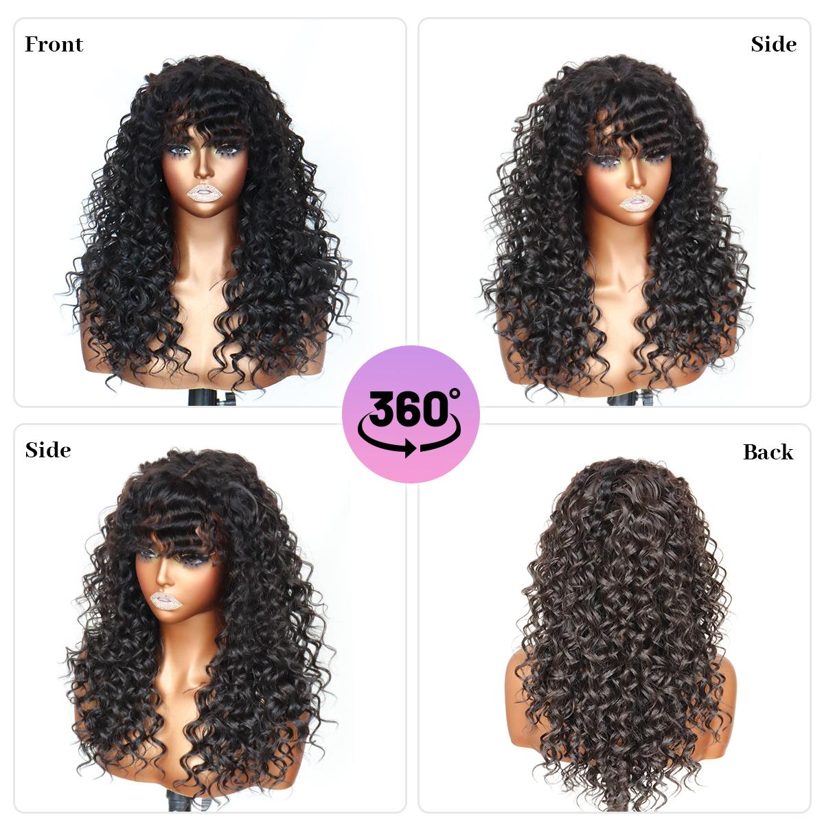 Blend Human Hair Curly Wig with Bangs 6x4 Glueless Lace Front Wig Wear and Go Realistic Look with True Scalp 220% density