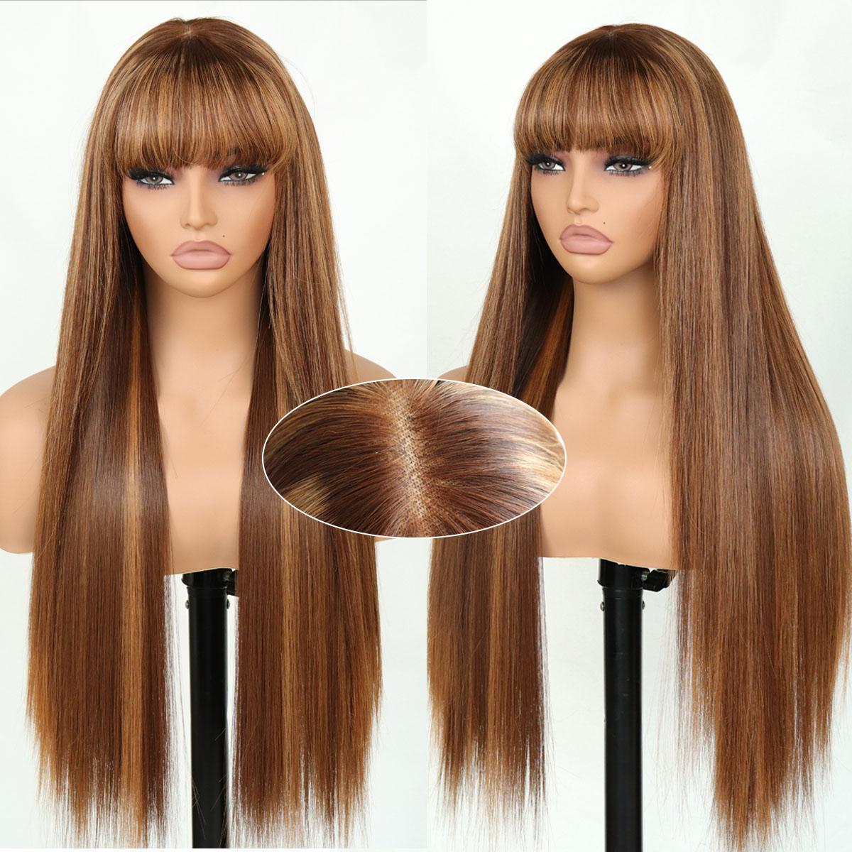 Human Hair Blend Fiber Glueless Wear and Go Straight Wigs with Bangs 6x4 Lace Front Wig