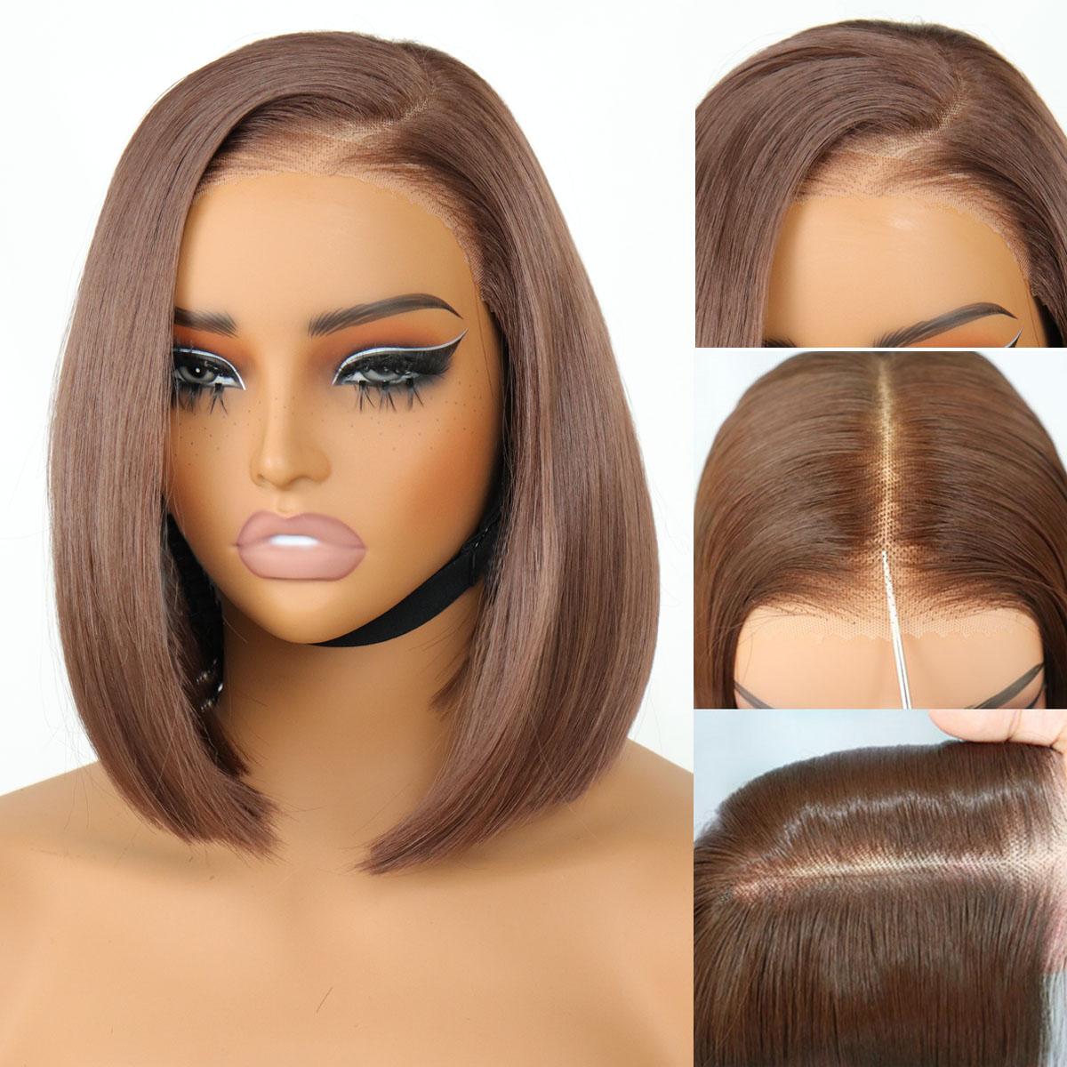 9x7 Glueless Synthetic Chocolate Brown Bob Wig Wear and Go Bone Straight Wigs Double Drawn