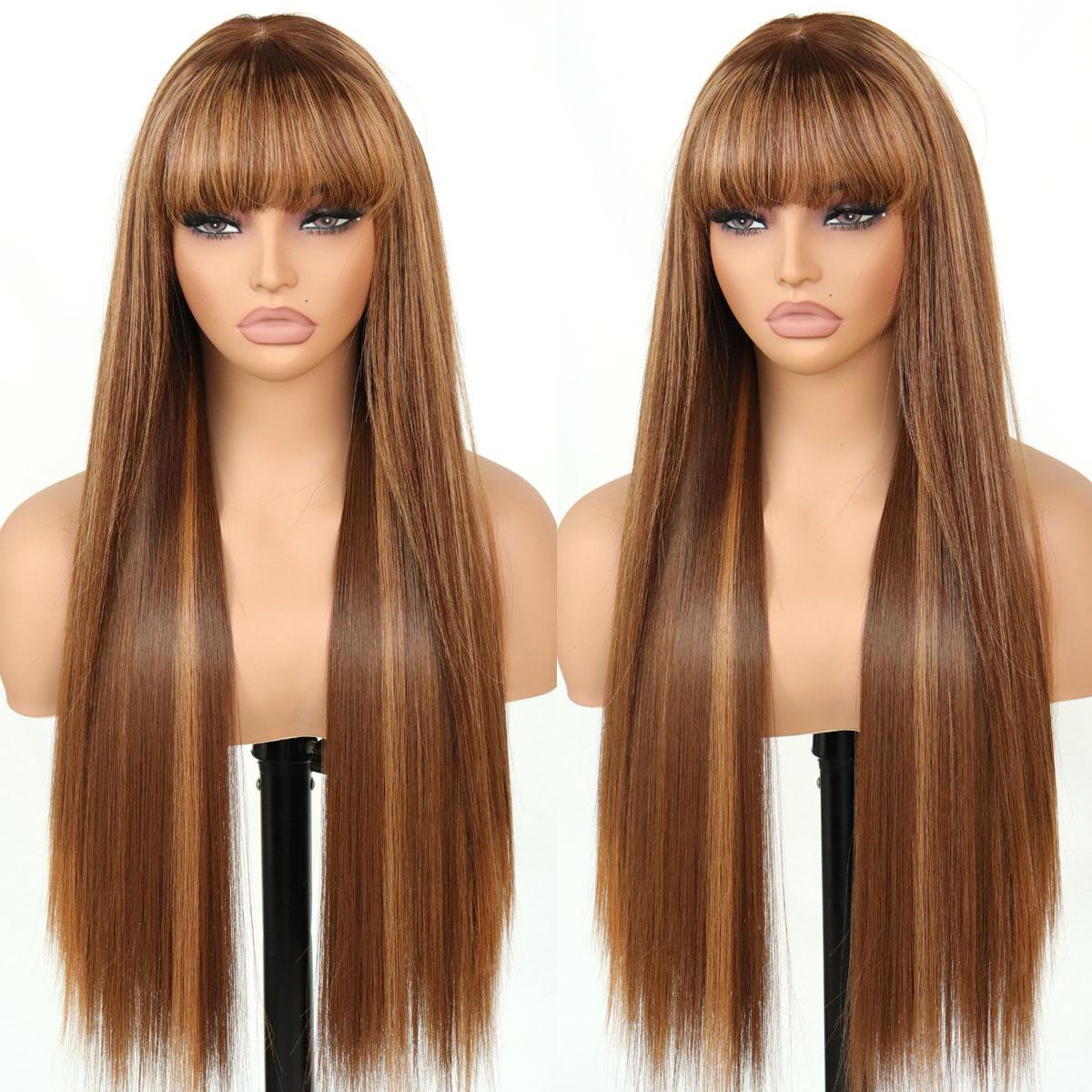 Human Hair Blend Fiber Glueless Wear and Go Straight Wigs with Bangs 6x4 Lace Front Wig