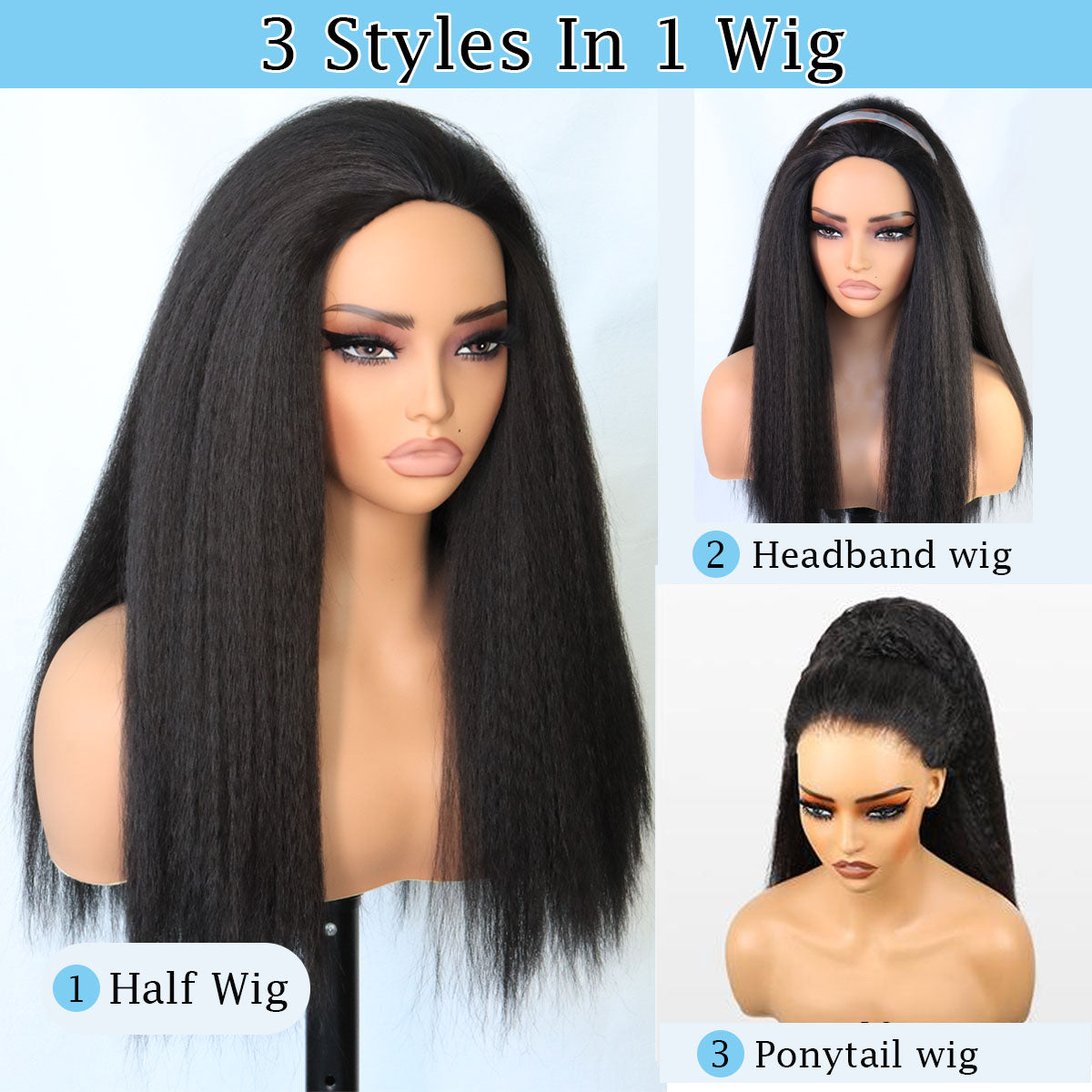 3 In 1 Kinky Straight Half Wig Wear Go Glueless Synthetic Wigs With Drawstring Invisible Hairline No lace Quick Install Beginners Friendly