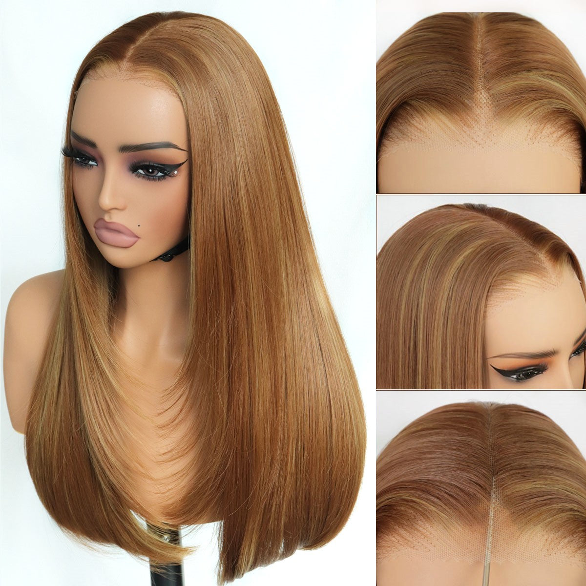 Honey Blonde Highlight Lace Wig Long Straight Layered Wig Pre Cut Glueless 9x7Lace Front Wig , Upgraded Premium Human-Hair-Like Fiber